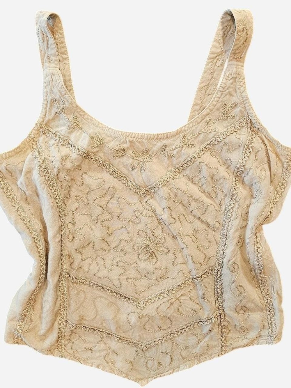 Euro Vintage Embroidered Cream Tank Top with Floral Stitching V-point Hem Size L